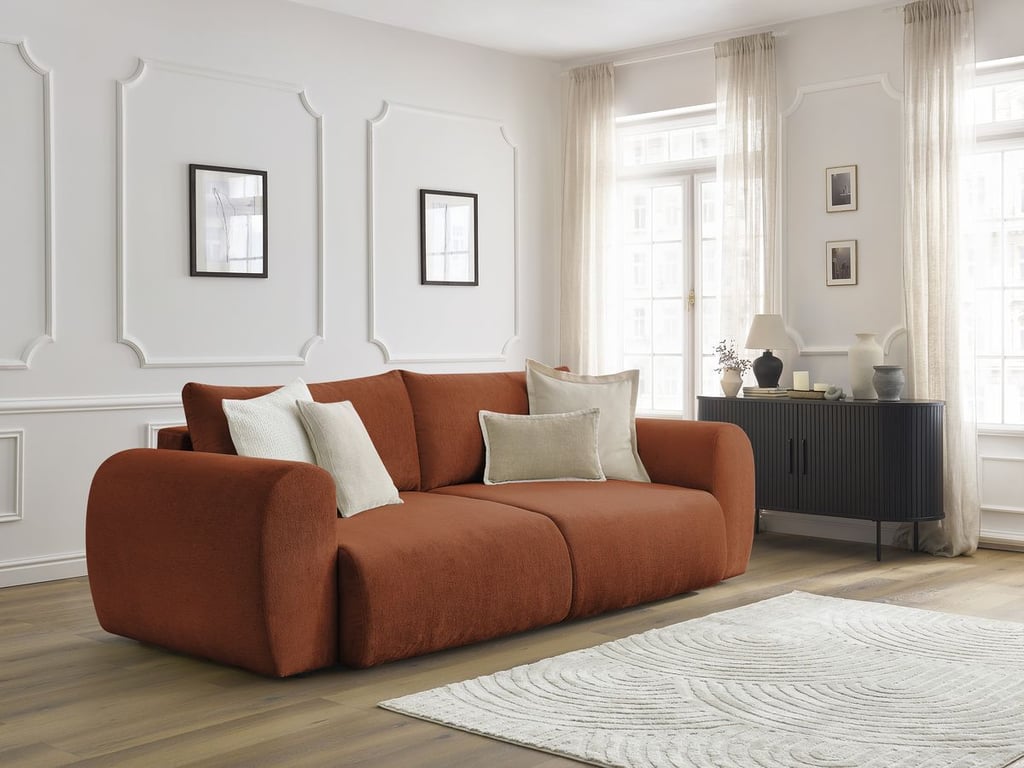 Produit similaire: Canapé droit convertible coffre LUCIEN tissu lisse orange BOBOCHIC 3 places