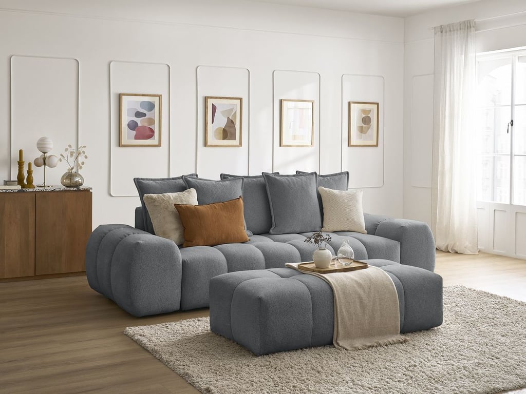 Produit similaire: Canapé droit fixe 3 places EVEREST tissu chiné avec pouf gris foncé BOBOCHIC