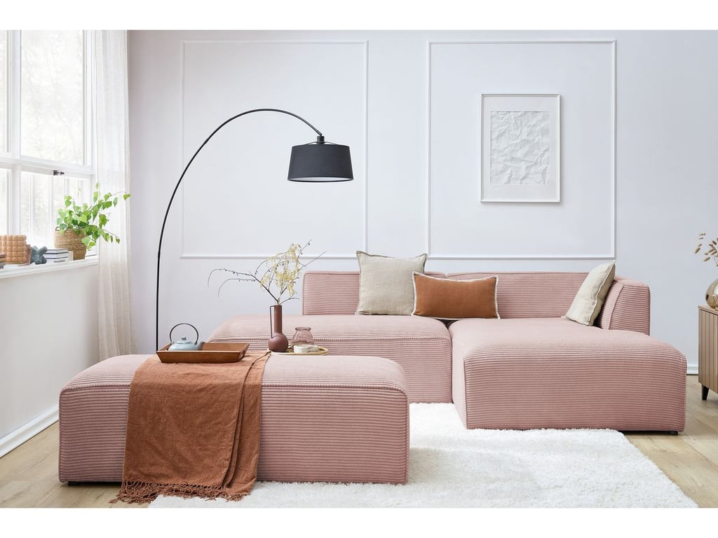 Produit similaire: Canapé d'angle fixe modulable MEGEVE tissu velours côtelé avec pouf rose angle droit BOBOCHIC 5 places