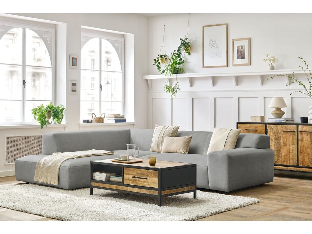 Produit similaire: Canapé d'angle fixe compact LAVENA tissu velours gris clair angle gauche BOBOCHIC 4 places