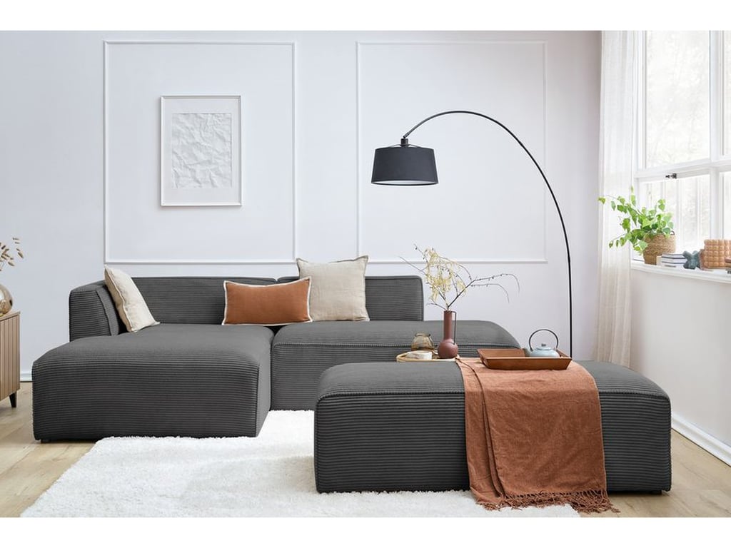 Produit similaire: Canapé d'angle fixe modulable MEGEVE tissu velours côtelé avec pouf gris foncé angle gauche BOBOCHIC 5 places