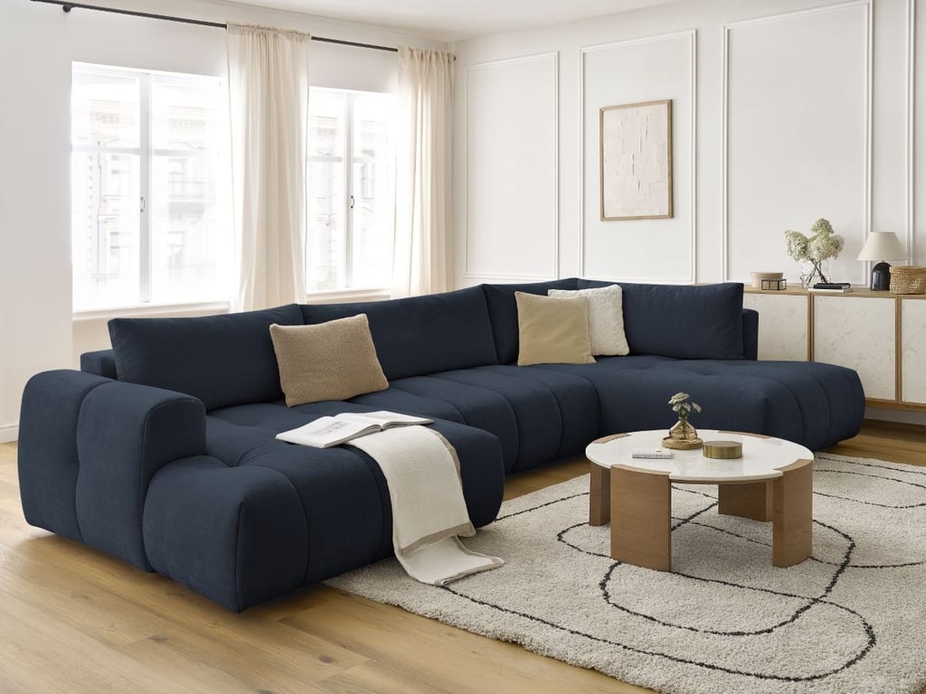 Produit similaire: Canapé d'angle panoramique convertible FUJI tissu lisse bleu foncé angle gauche BOBOCHIC 5 places