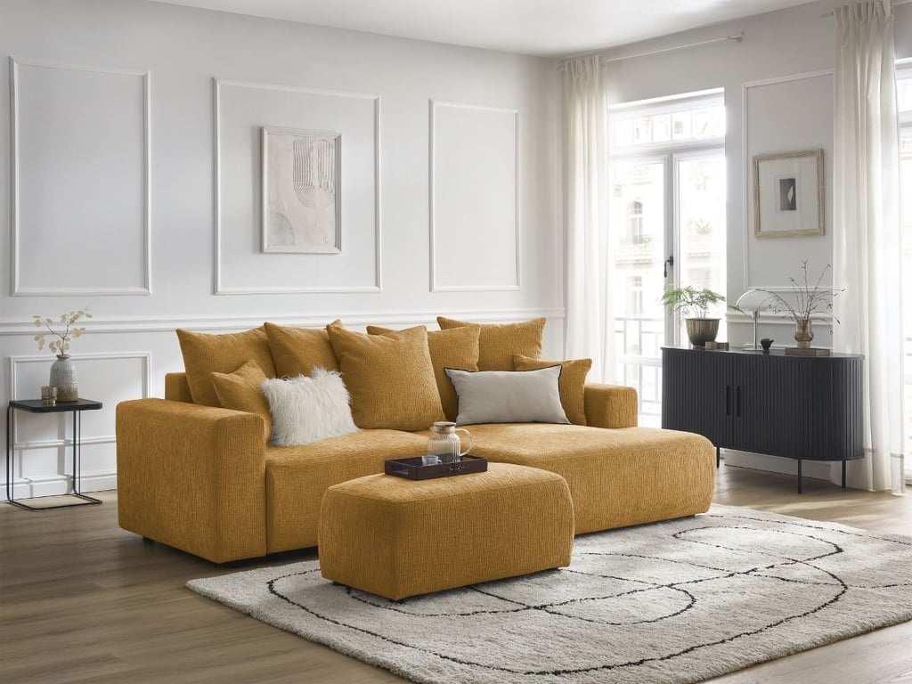 Produit similaire: Canapé d'angle convertible coffre ATILLA tissu texturé avec pouf jaune angle droit BOBOCHIC 5 places