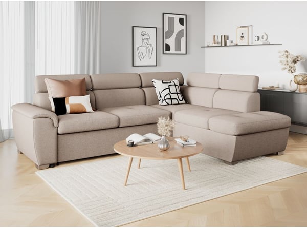 Canapé d'angle PAOLA convertible, 4 places avec coffre en tissu