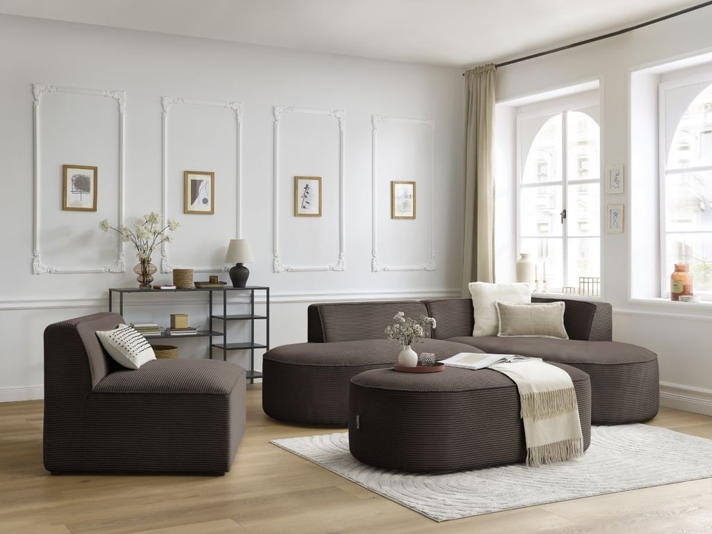 Produit similaire: Canapé d'angle fixe modulable ROUSSEAU velours côtelé avec 1 chauffeuse et 1 pouf marron angle droit BOBOCHIC 6 places