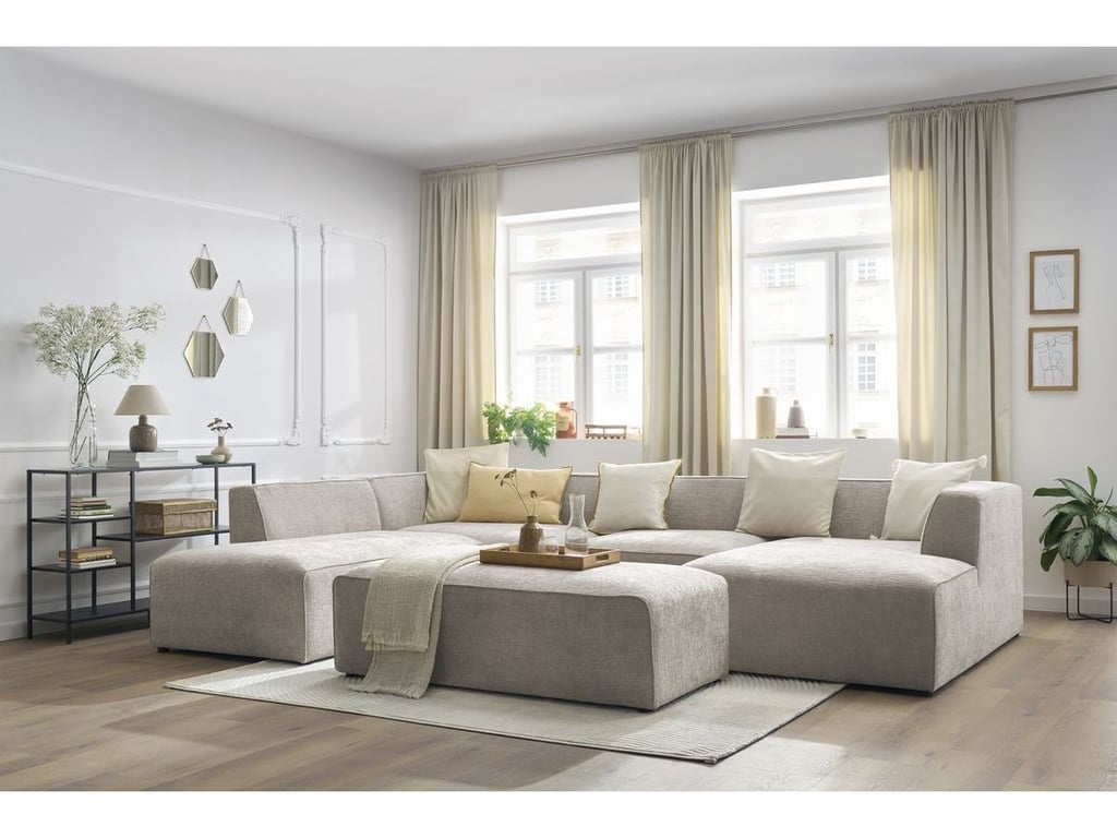 Produit similaire: Canapé panoramique fixe MEGEVE avec pouf tissu texturé beige angle droit BOBOCHIC 6 places
