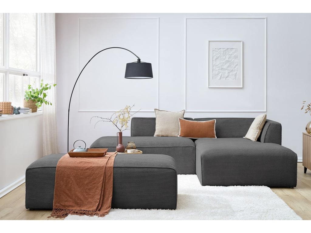Produit similaire: Canapé d'angle fixe modulable MEGEVE tissu velours côtelé avec pouf gris foncé angle droit BOBOCHIC 5 places