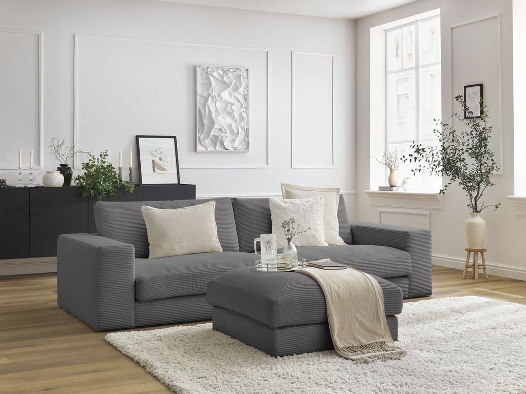 Produit similaire: Canapé droit fixe 3 places LEONARD velours côtelé avec pouf gris foncé BOBOCHIC