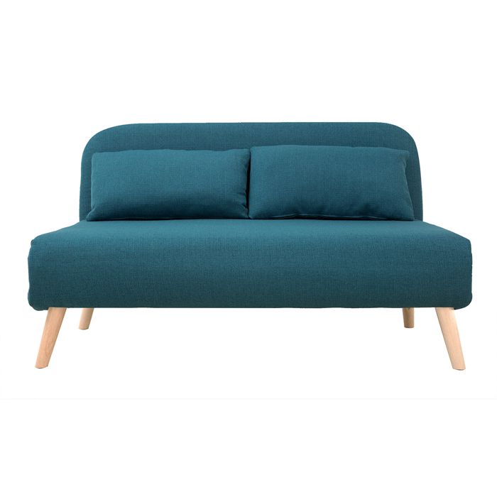 Chauffeuse 2 places convertible en tissu bleu canard et bois clair AMIKO - Vue supplémentaire 1