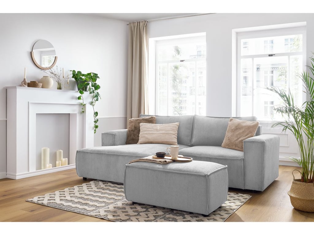 Produit similaire: Canapé d'angle fixe compact NIHAD velours côtelé avec pouf gris clair angle gauche BOBOCHIC 3 places