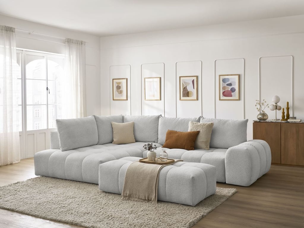 Produit similaire: Canapé d'angle L convertible coffre EVEREST tissu chiné avec pouf gris clair angle gauche BOBOCHIC 4 places