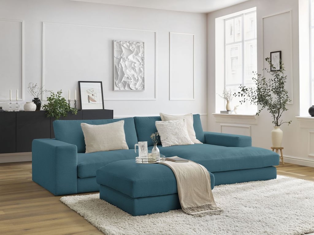 Produit similaire: Canapé d'angle fixe LEONARD velours côtelé avec pouf bleu clair angle droit BOBOCHIC 5 places