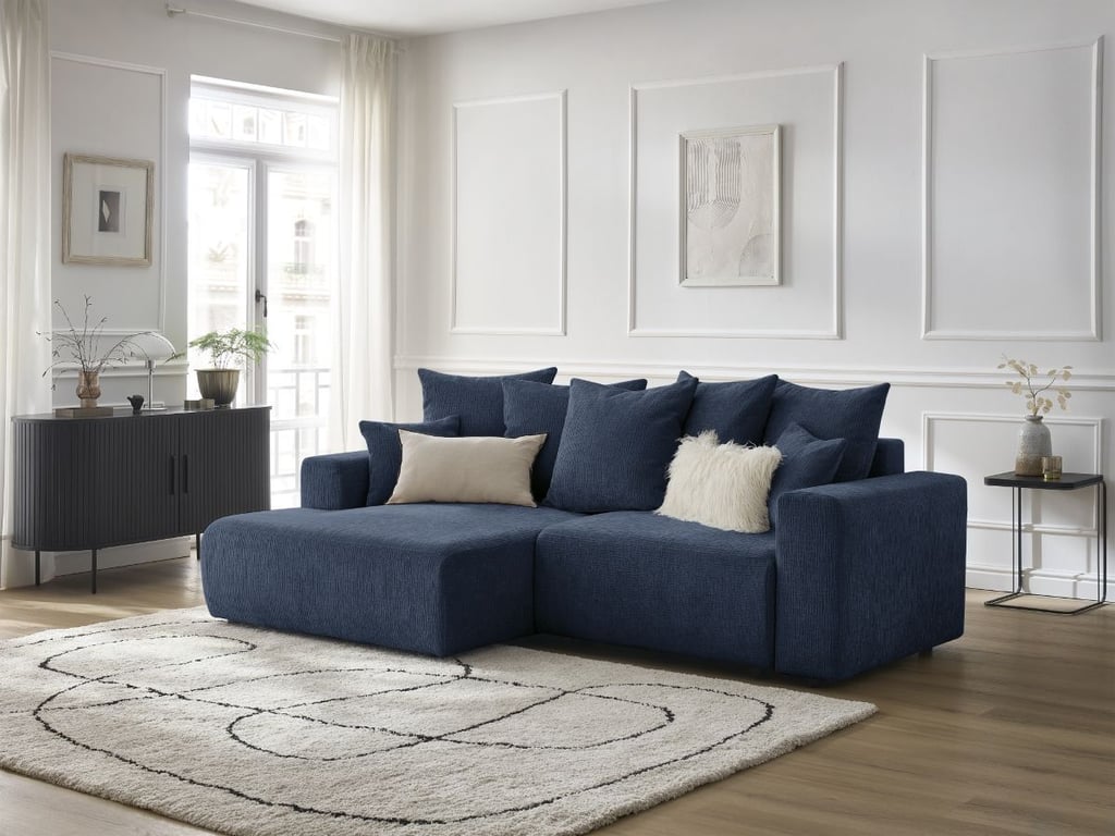 Produit similaire: Canapé d'angle convertible coffre ATILLA tissu texturé bleu foncé angle gauche BOBOCHIC 4 places