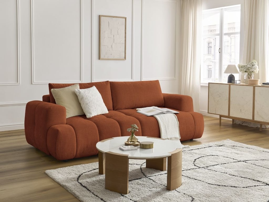 Canapé droit convertible 3 places FUJI tissu lisse avec pouf orange   BOBOCHIC