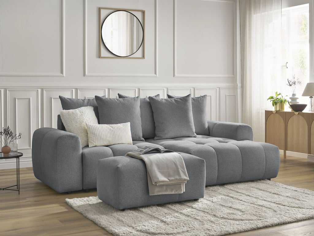 Produit similaire: Canapé d'angle convertible coffre ROXELANE tissu chiné avec pouf gris foncé angle droit BOBOCHIC 3 places