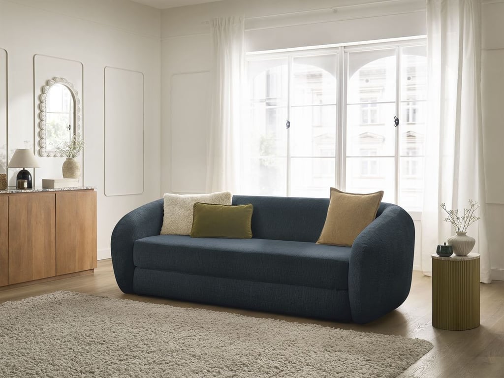 Produit similaire: Canapé droit convertible déplimousse NEYO tissu texturé bleu foncé BOBOCHIC 3 places