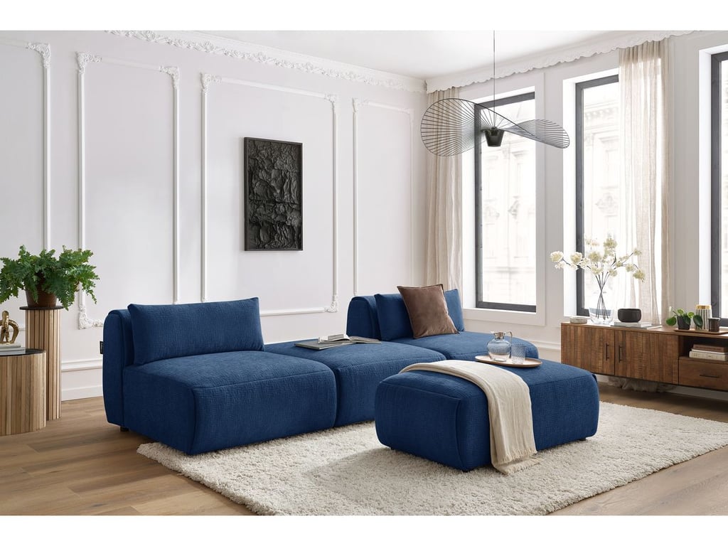 Produit similaire: Canapé droit fixe 3 places JEANNE avec pouf tissu texturé bleu foncé BOBOCHIC 4 places