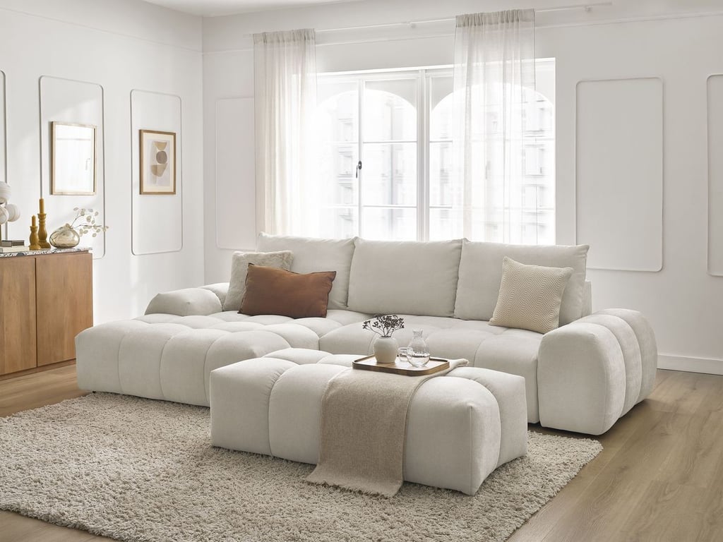 Produit similaire: Canapé d'angle convertible coffre EVEREST tissu texturé avec pouf blanc angle gauche BOBOCHIC 4 places