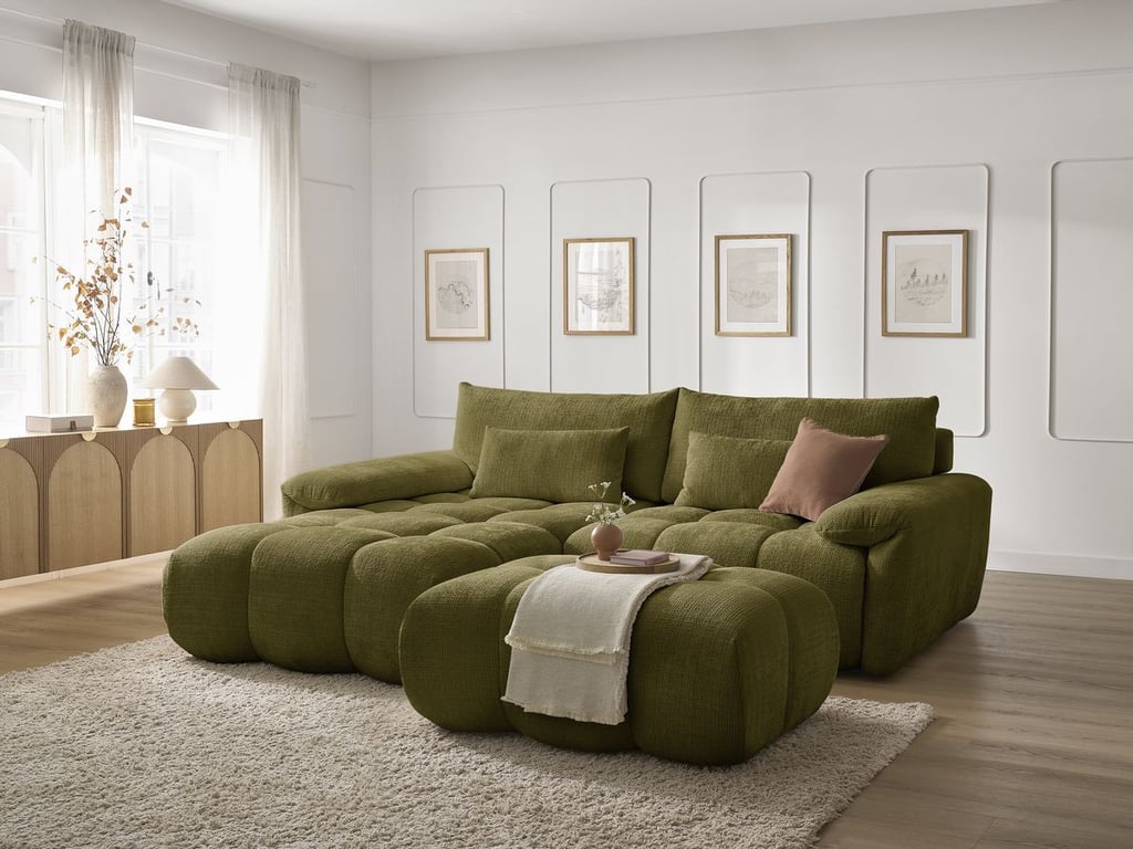 Produit similaire: Canapé d'angle fixe IVANE tissu texturé avec pouf vert angle gauche BOBOCHIC 4 places