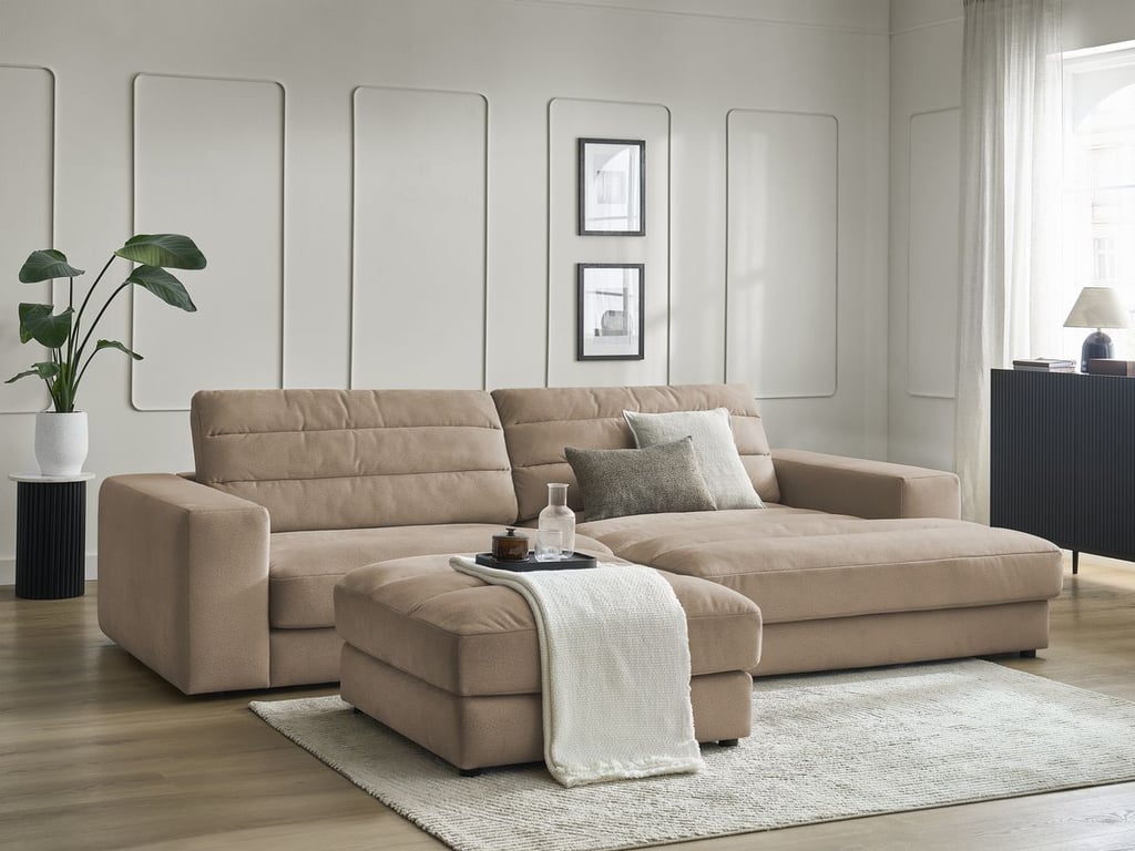 Produit similaire: Canapé d'angle fixe SIERRA velours avec pouf taupe angle droit BOBOCHIC 4 places