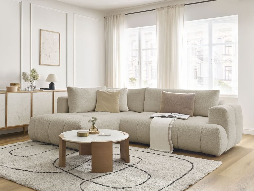 Produit similaire: Canapé d'angle L convertible FUJI tissu bouclette beige angle gauche BOBOCHIC 4 places