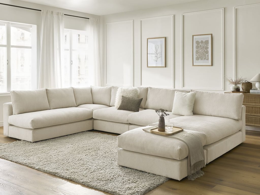 Produit similaire: Canapé d'angle modulable PARIS velours côtelé avec 3 chauffeuses, 1 méridienne, 1 angle, et 1 pouf beige BOBOCHIC 6 places