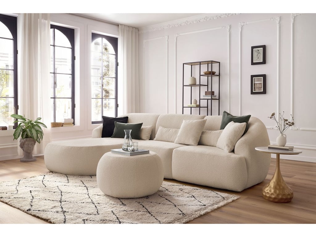 Produit similaire: Canapé d'angle fixe ALESIA tissu bouclette avec pouf beige angle gauche BOBOCHIC 4 places