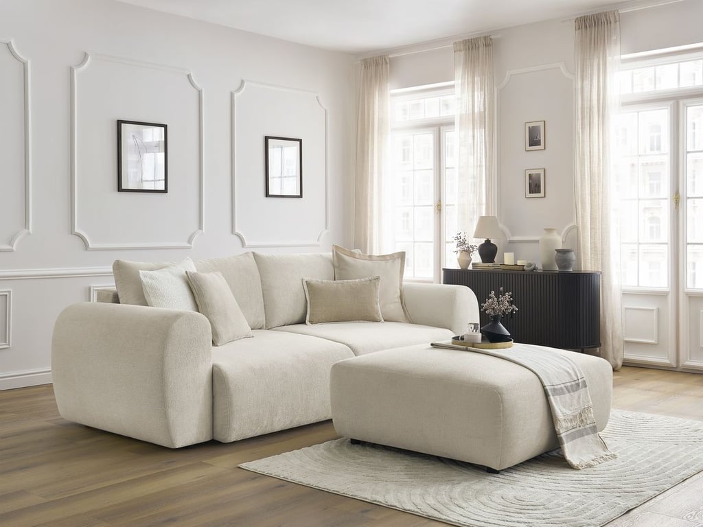 Produit similaire: Canapé droit convertible coffre LUCIEN tissu lisse avec pouf beige BOBOCHIC 4 places