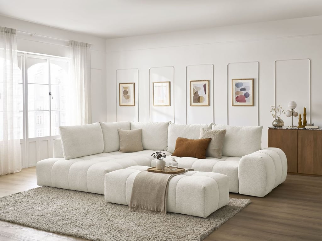 Produit similaire: Canapé d'angle L convertible coffre EVEREST tissu chiné avec pouf blanc angle gauche BOBOCHIC 4 places