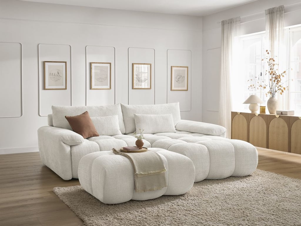 Produit similaire: Canapé d'angle fixe IVANE tissu texturé avec pouf blanc angle droit BOBOCHIC 4 places