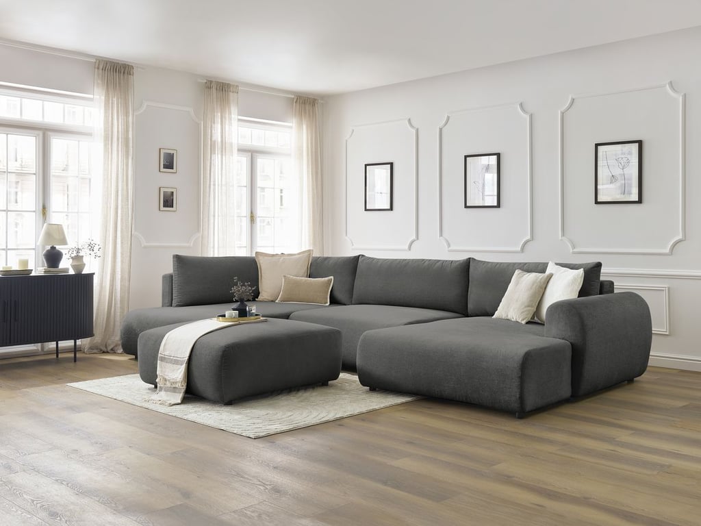 Produit similaire: Canapé panoramique convertible coffre LUCIEN tissu lisse avec pouf gris foncé angle droit BOBOCHIC 6 places