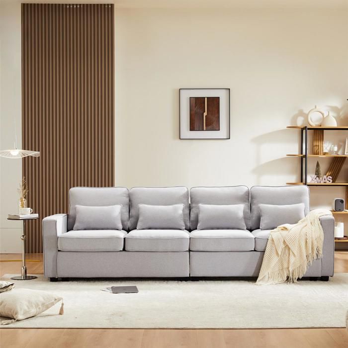 Produit similaire: Canapé 4 places en tissu lin, avec accoudoirs et 4 coussins, style minimaliste, gris
