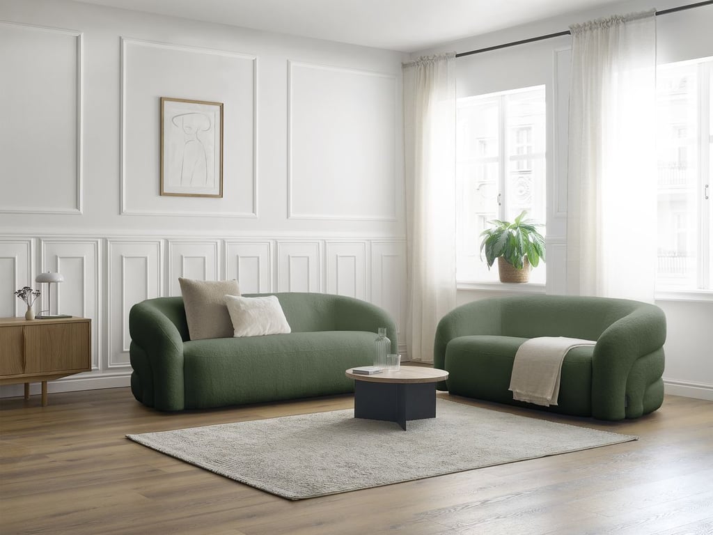 Produit similaire: Ensemble canapé droit fixe 3 + 2 places ELINA tissu bouclette vert BOBOCHIC