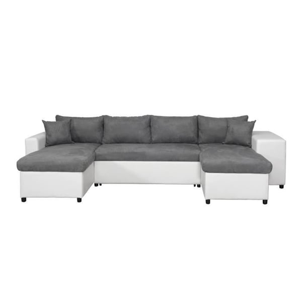 Canapé panoramique OSLO convertible avec coffres, poufs à droite - Simili/Microfibre - Blanc/Gris - L311 x P146 x H81cm - LOUNGITUDE