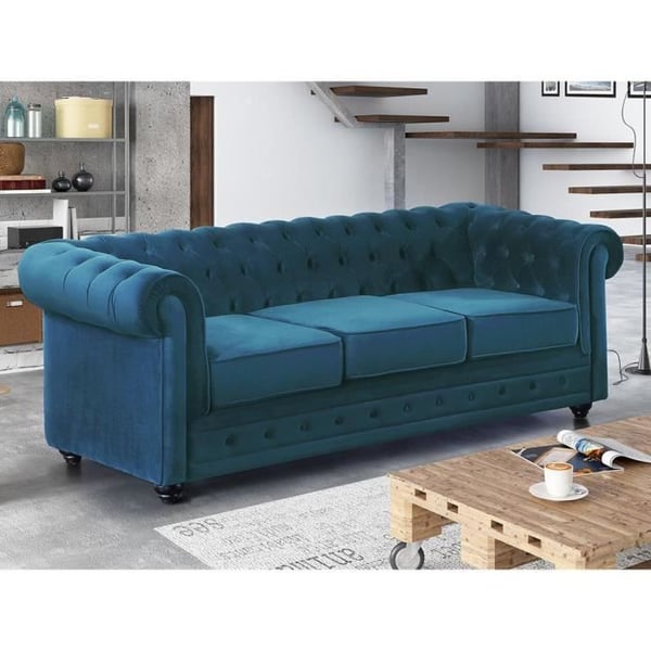 Canapé 3 places CHESTERFIELD - Velours bleu canard