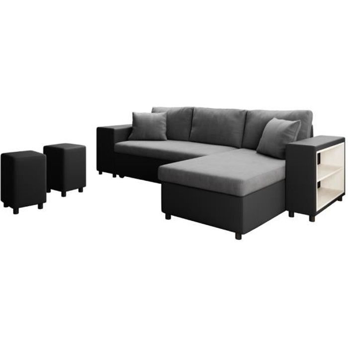 Produit similaire: Canapé d'angle réversible MADY bimatière gris/noir avec coffre accoudoir étagère et poufs gauche - L254 x P146 x H81cm - LOUNGITUDE