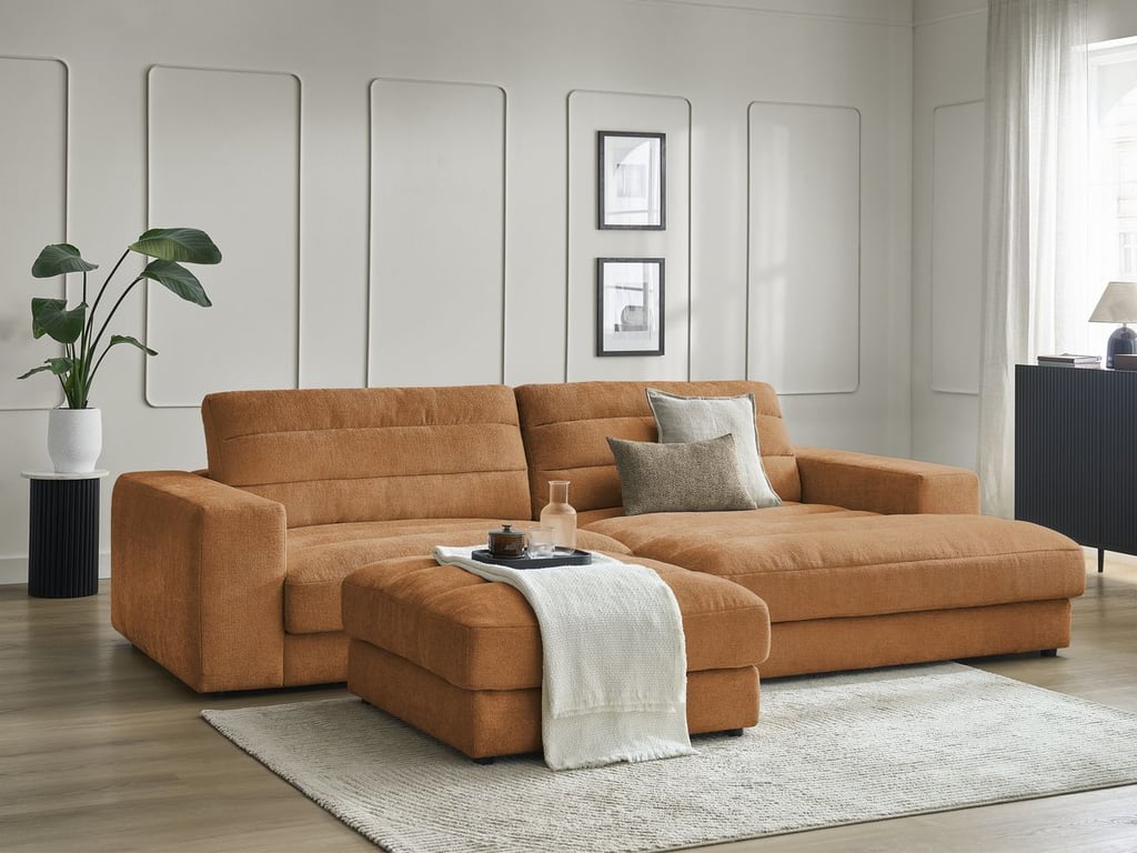 Produit similaire: Canapé d'angle fixe SIERRA tissu texturé avec pouf orange angle droit BOBOCHIC 4 places