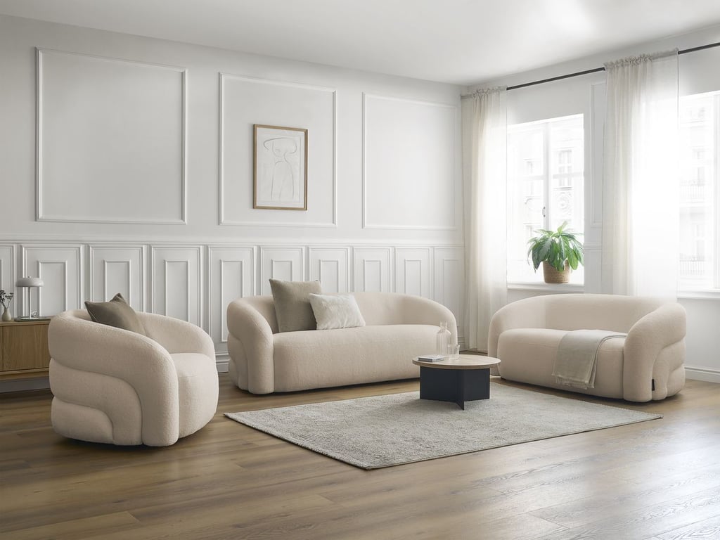 Produit similaire: Ensemble canapé droit fixe 3 + 2 places + fauteuil pivotant ELINA tissu bouclette beige BOBOCHIC