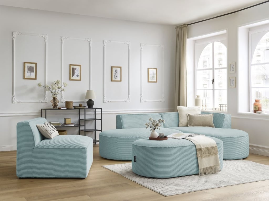Produit similaire: Canapé d'angle fixe modulable ROUSSEAU velours côtelé avec 1 chauffeuse et 1 pouf bleu clair angle droit BOBOCHIC 6 places
