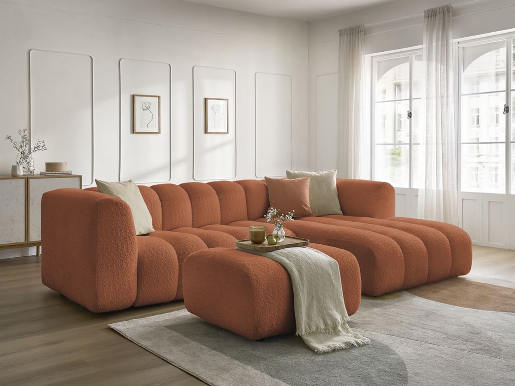 Produit similaire: Canapé d'angle fixe TALIA tissu bouclette avec pouf orange angle droit BOBOCHIC 4 places