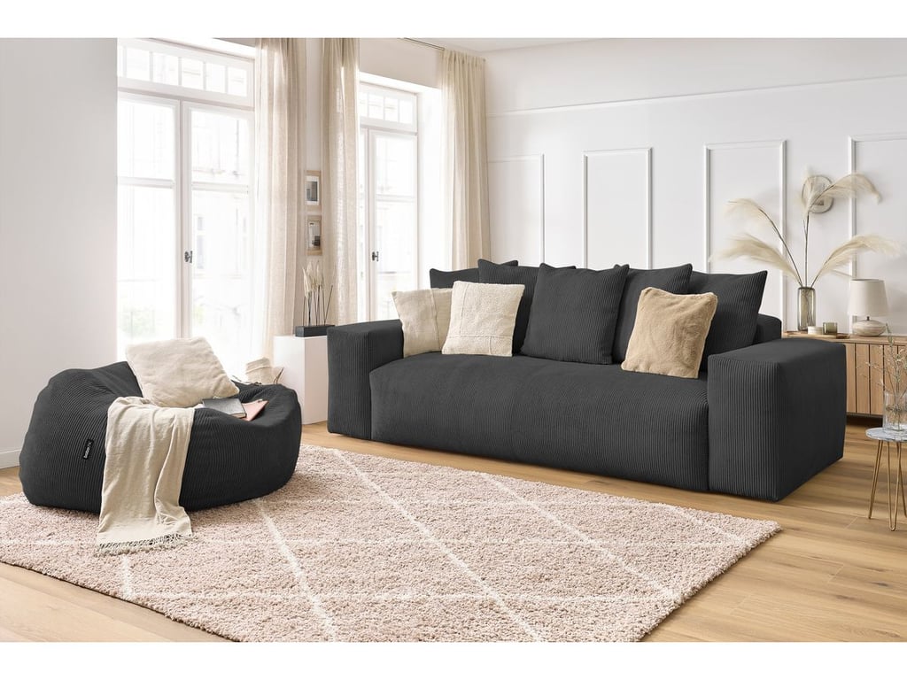 Produit similaire: Canapé droit fixe 3 places VOLTAIRE velours côtelé avec pouf gris foncé BOBOCHIC