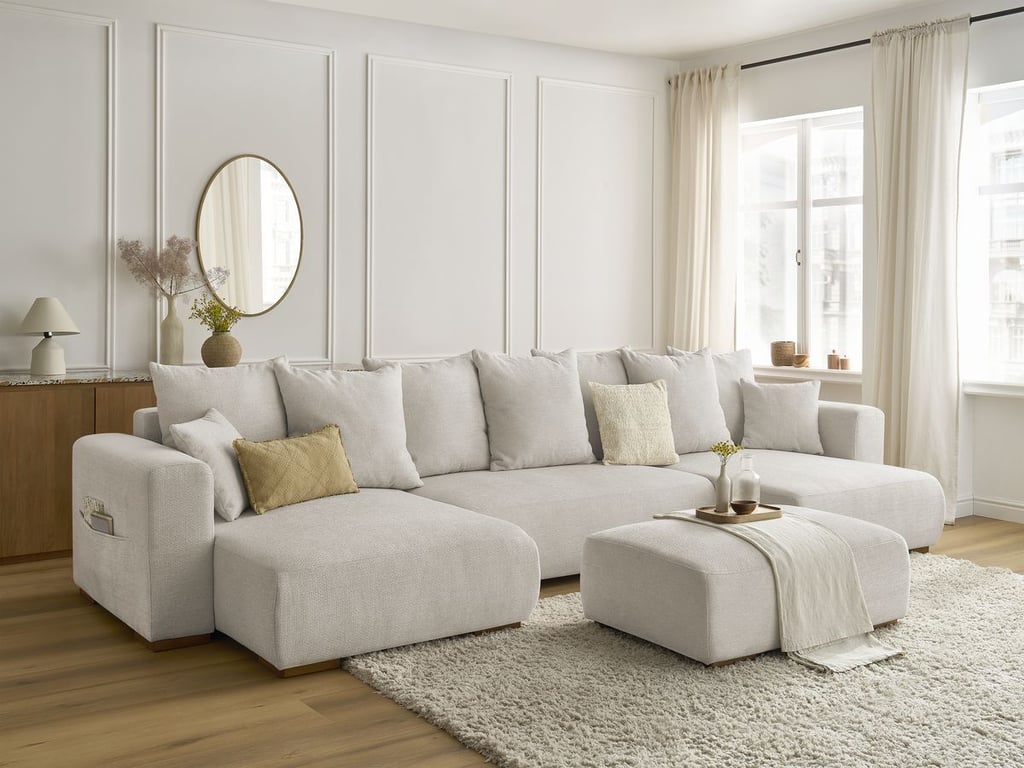 Produit similaire: Canapé panoramique convertible coffre SIDONIE tissu chiné avec pouf beige BOBOCHIC 5 places