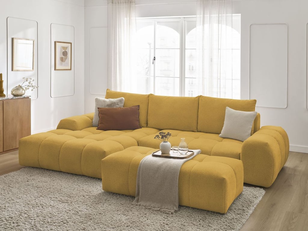 Produit similaire: Canapé d'angle convertible coffre EVEREST tissu chiné avec pouf jaune angle gauche BOBOCHIC 4 places