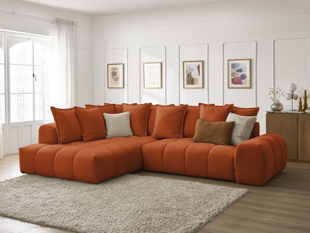 Produit similaire: Canapé d'angle L convertible coffre EVEREST tissu texturé orange angle gauche BOBOCHIC 3 places