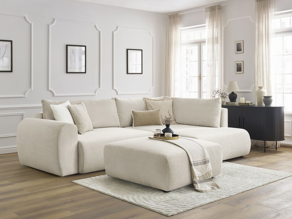 Produit similaire: Canapé d'angle L convertible coffre LUCIEN tissu lisse avec pouf beige angle droit BOBOCHIC 4 places