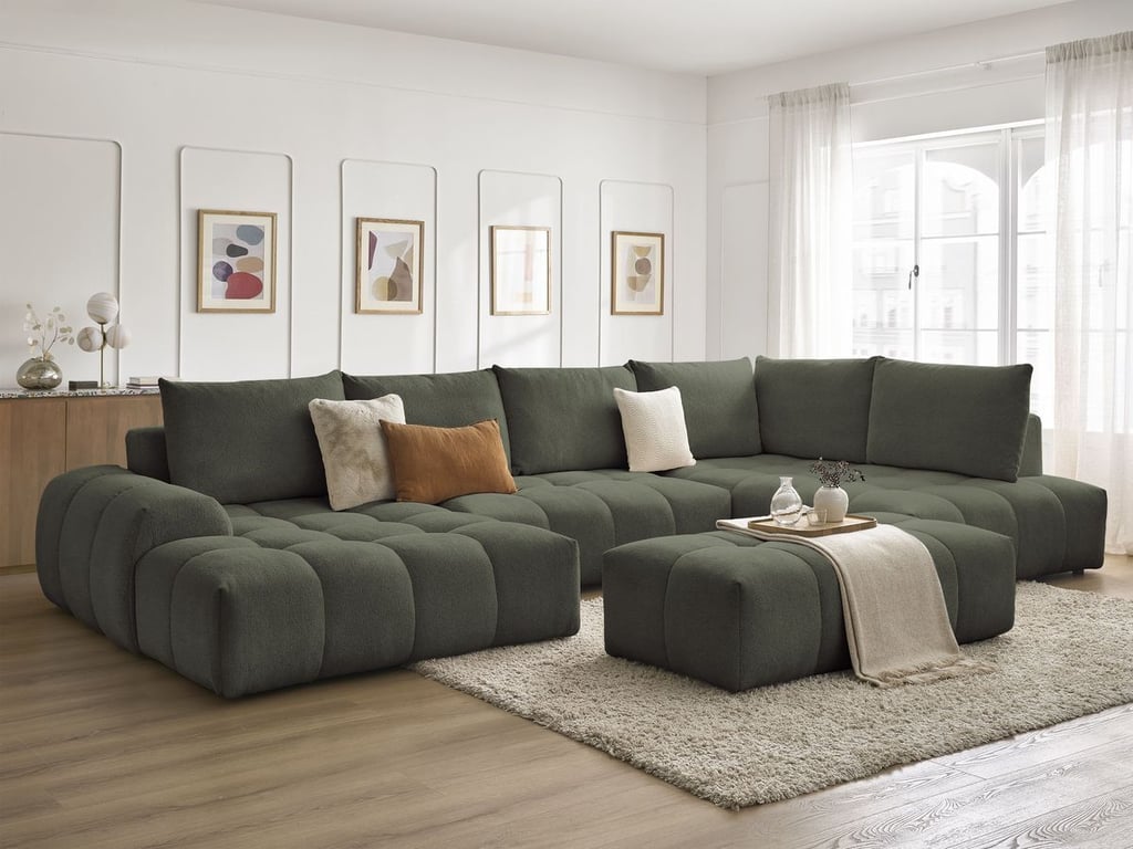 Produit similaire: Canapé panoramique convertible coffre EVEREST tissu chiné avec pouf vert angle gauche BOBOCHIC 7 places