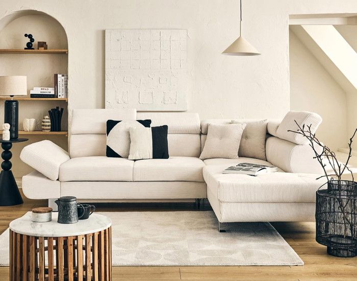 Produit similaire: Lisbona - canapé d'angle droit 5 places convertible avec têtières en velours côtelé - Beige