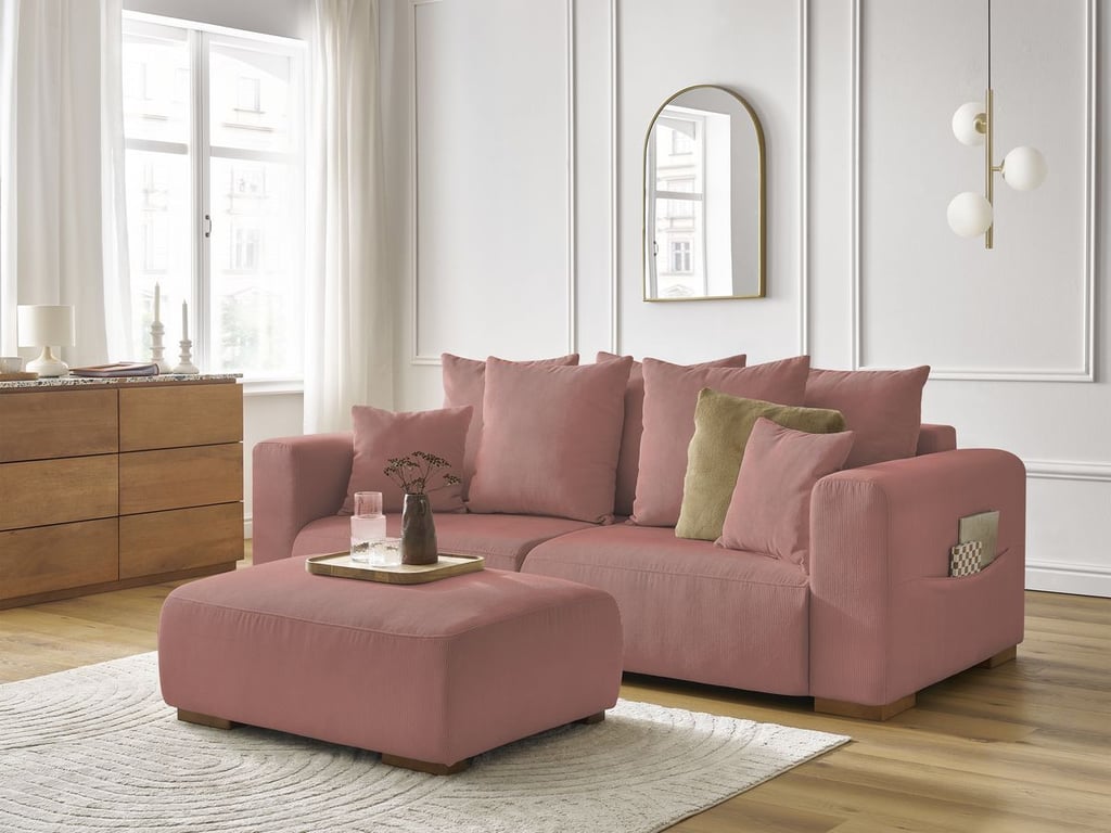 Produit similaire: Canapé droit fixe 3 places SIDONIE velours côtelé avec pouf rose BOBOCHIC