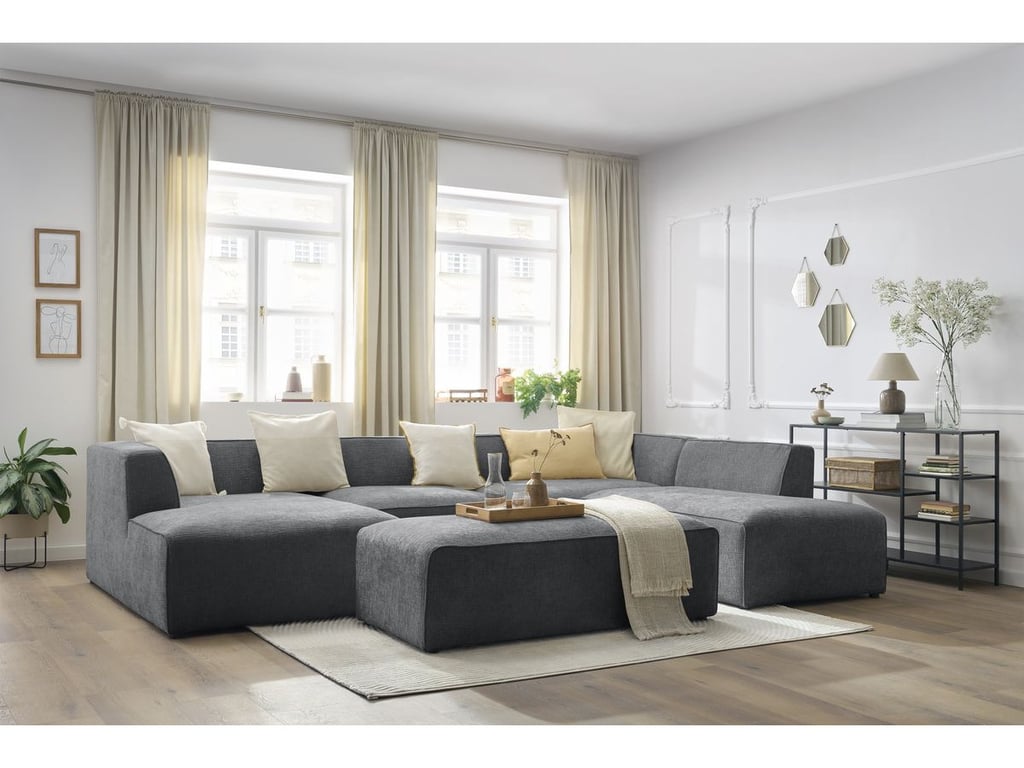 Produit similaire: Canapé panoramique fixe MEGEVE avec pouf tissu texturé gris foncé angle gauche BOBOCHIC 6 places