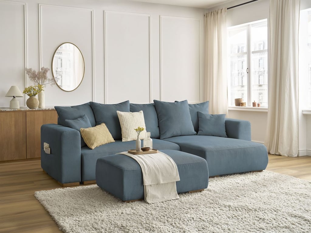 Produit similaire: Canapé d'angle convertible réversible coffre SIDONIE velours côtelé avec pouf bleu foncé BOBOCHIC 4 places